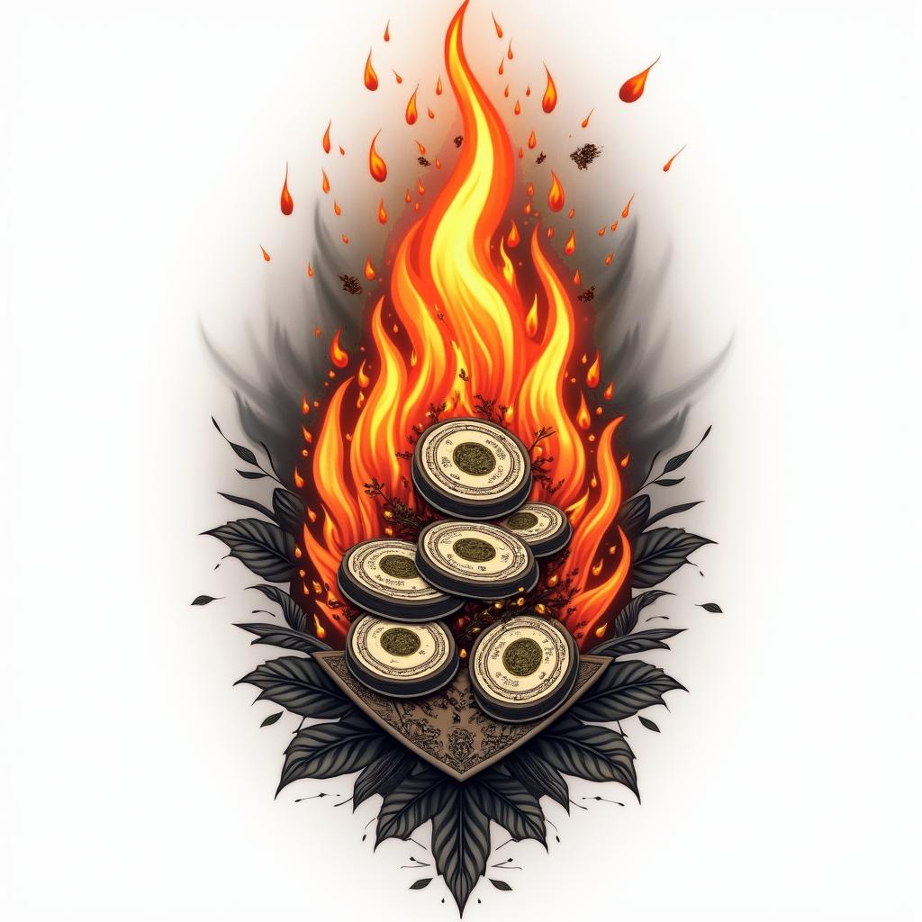 Get moneyin flame tattoo style showcasing fiery elements with dynamic flame patterns, glowing effect of flames, natural colors - Variation 3