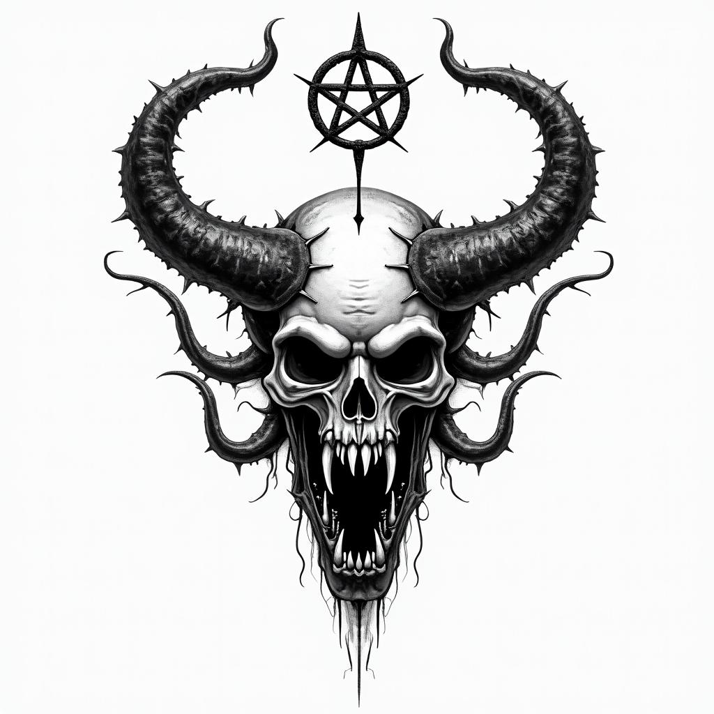 Medusacreepy horror tattoo style, featuring an eerie and unsettling skull of a demonic creature, distorted face with sharp fangs, add pentagram symbol - Variation 6