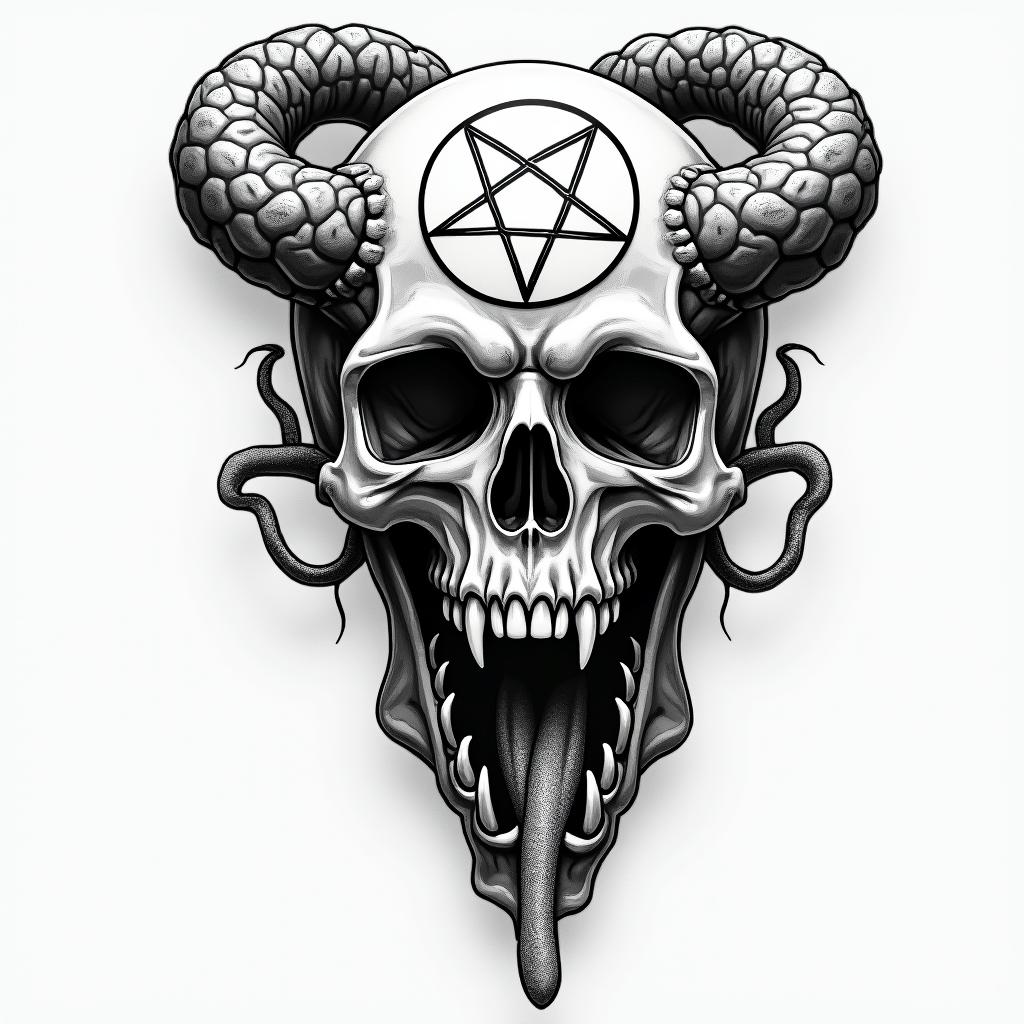 Medusacreepy horror tattoo style, featuring an eerie and unsettling skull of a demonic creature, distorted face with sharp fangs, add pentagram symbol - Variation 5
