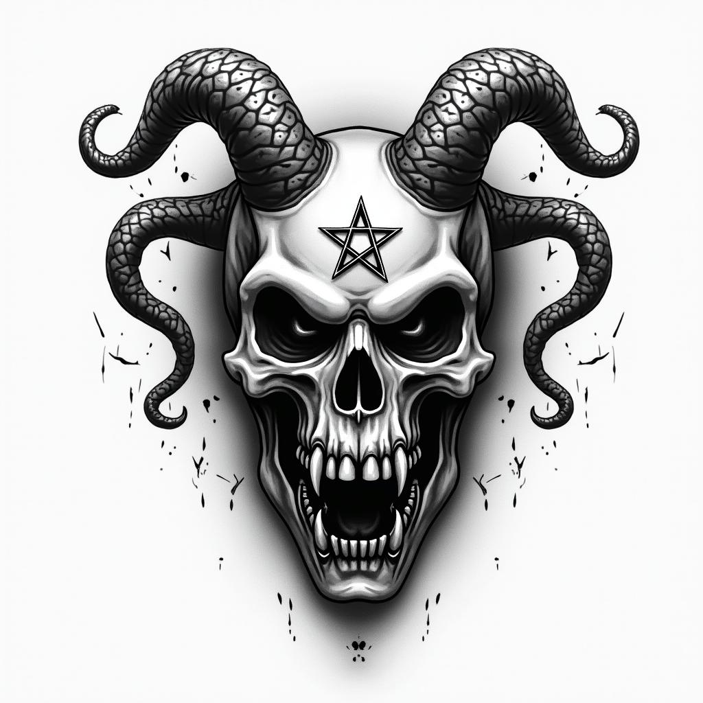 Medusacreepy horror tattoo style, featuring an eerie and unsettling skull of a demonic creature, distorted face with sharp fangs, add pentagram symbol - Variation 8