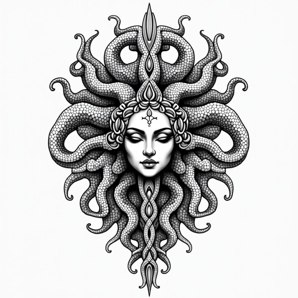 Medusain dotwork style tattoo, complex mandala patterns, interlocking geometric shapes with sharp symmetry, clean lines, sharp angles - Variation 10