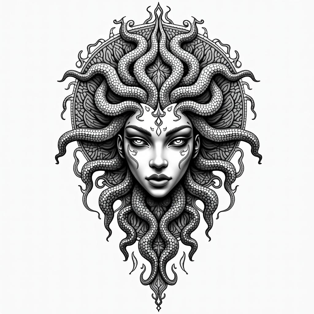 Medusain dotwork style tattoo, complex mandala patterns, interlocking geometric shapes with sharp symmetry, clean lines, sharp angles - Variation 11