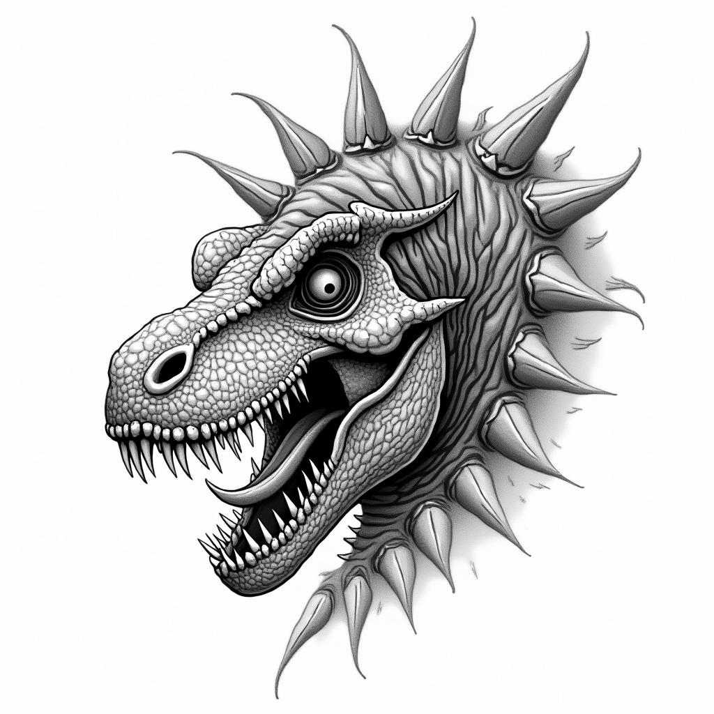 Scary dinosaur with skulls and the name Jaxon in the detailingin bohemian style tattoo, 8k - Variation 7