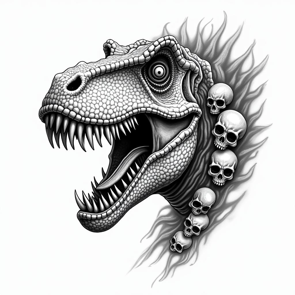Scary dinosaur with skulls and the name Jaxon in the detailingin bohemian style tattoo, 8k - Variation 8