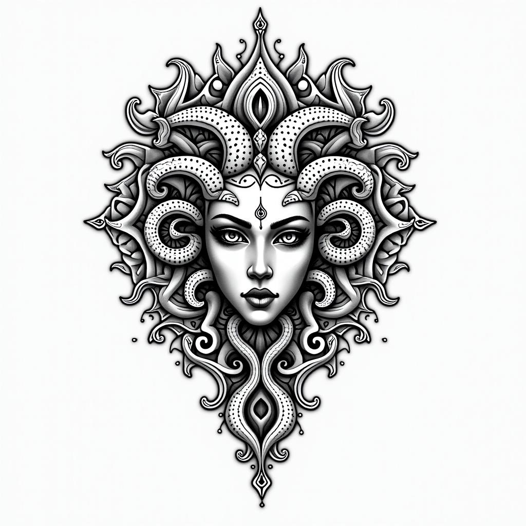Medusain dotwork style tattoo, complex mandala patterns, interlocking geometric shapes with sharp symmetry, clean lines, sharp angles - Variation 6