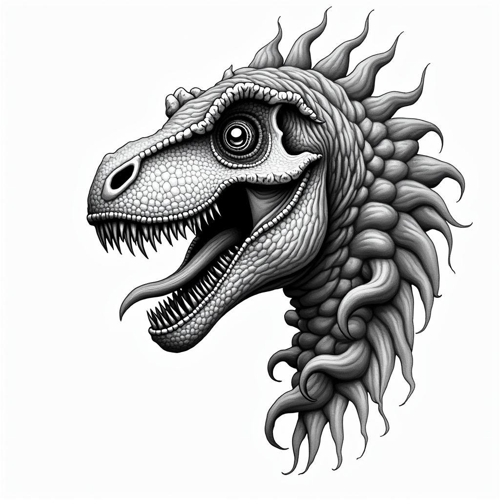 Scary dinosaur with skulls and the name Jaxon in the detailingin bohemian style tattoo, 8k - Variation 2
