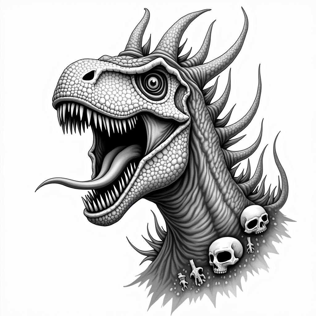 Scary dinosaur with skulls and the name Jaxon in the detailingin bohemian style tattoo, 8k - Variation 3