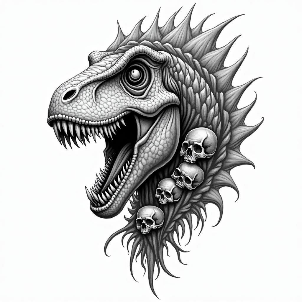 Scary dinosaur with skulls and the name Jaxon in the detailingin bohemian style tattoo, 8k