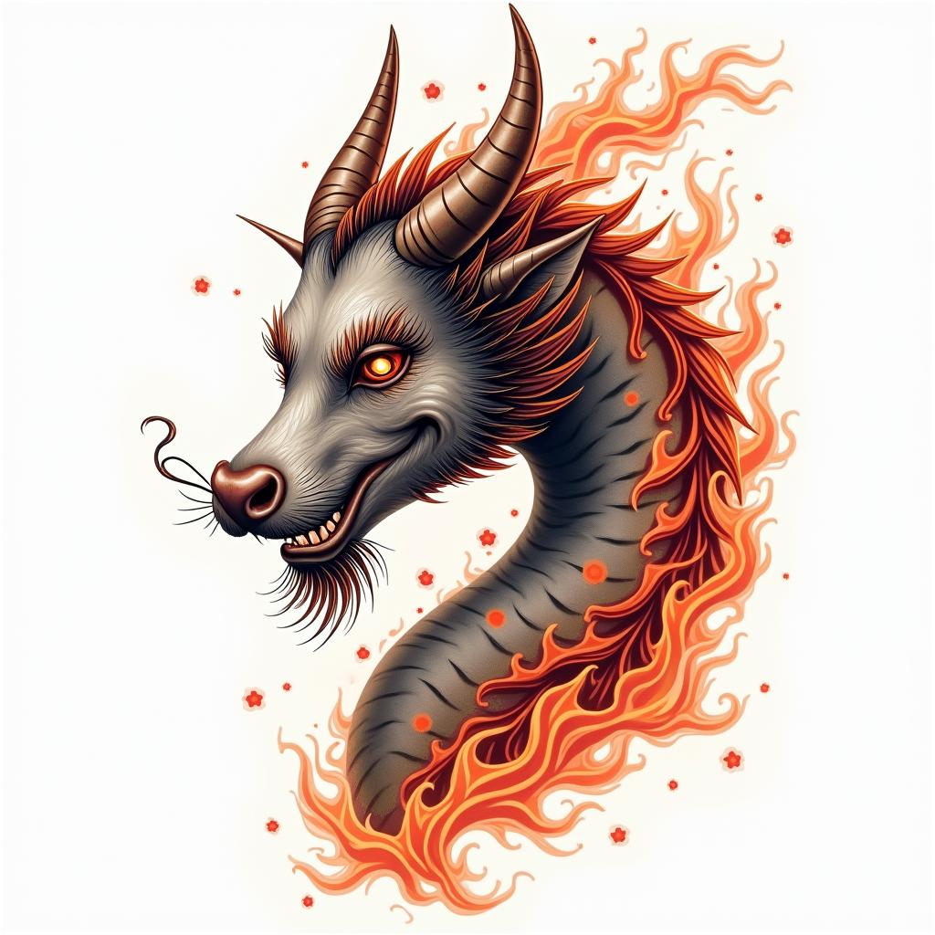 Dragon cow cherry blossomin flame tattoo style showcasing fiery elements with dynamic flame patterns, glowing effect of flames, natural colors - Variation 2