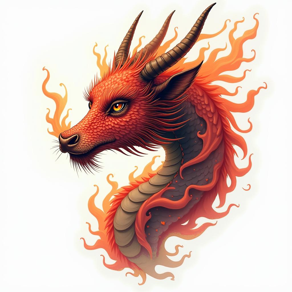 Dragon cow cherry blossomin flame tattoo style showcasing fiery elements with dynamic flame patterns, glowing effect of flames, natural colors - Variation 3