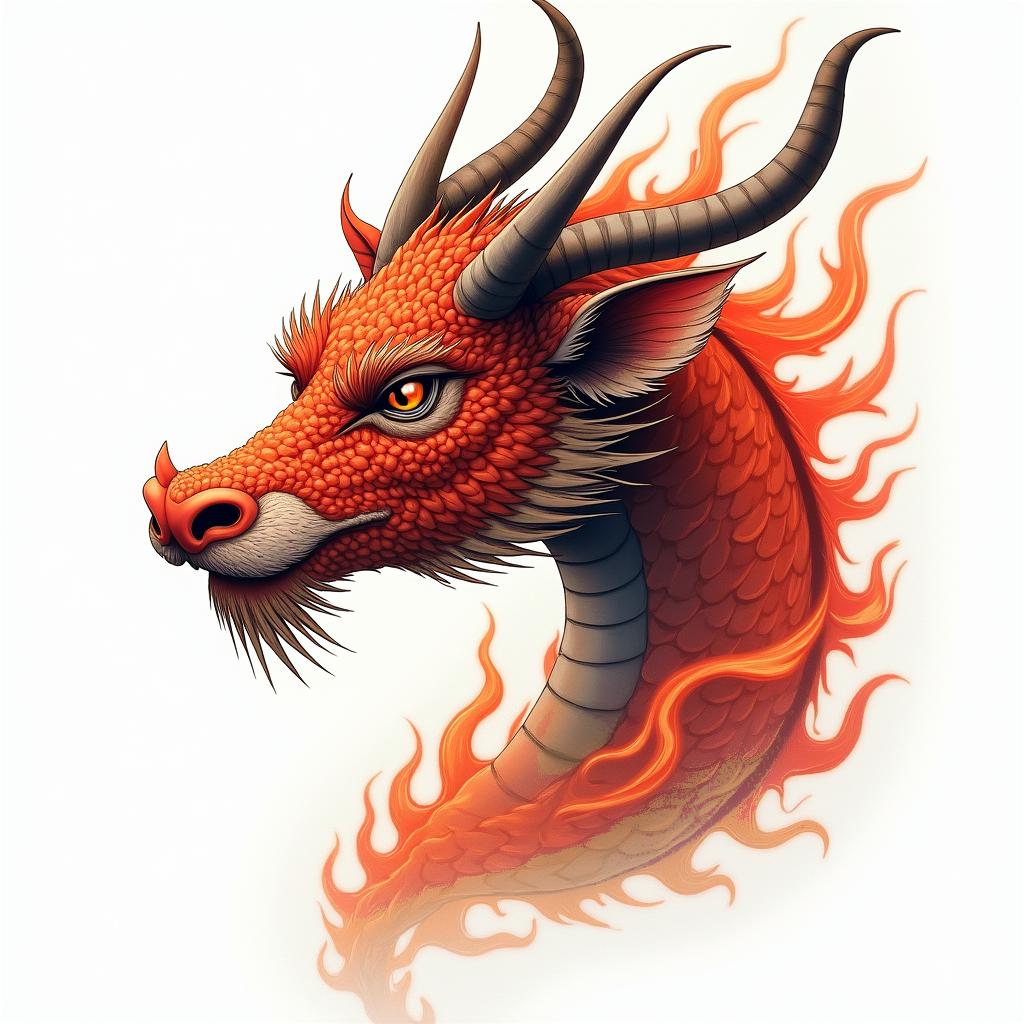 Dragon cow cherry blossomin flame tattoo style showcasing fiery elements with dynamic flame patterns, glowing effect of flames, natural colors