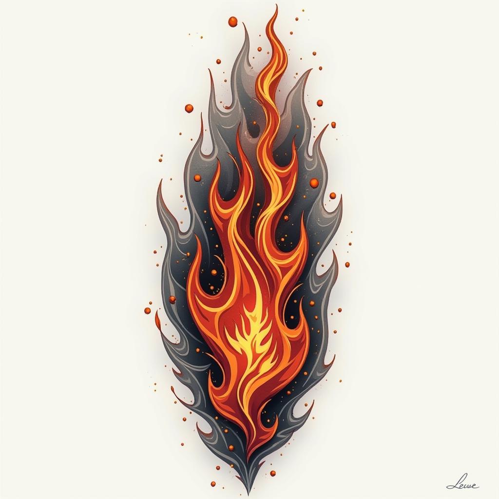 Löwe, Hamburgin flame tattoo style showcasing fiery elements with dynamic flame patterns, glowing effect of flames, natural colors