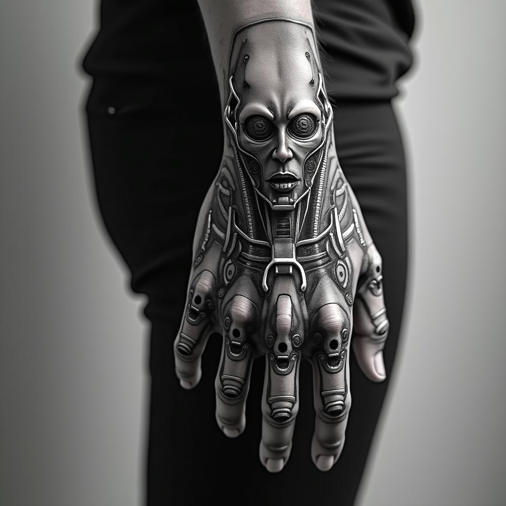 Striking and toughtattoo in biomechanic style, the tattoo covered by robotic elements of futuristic cyberpunk design, robotic features detail, showcasing intricate mechanical components