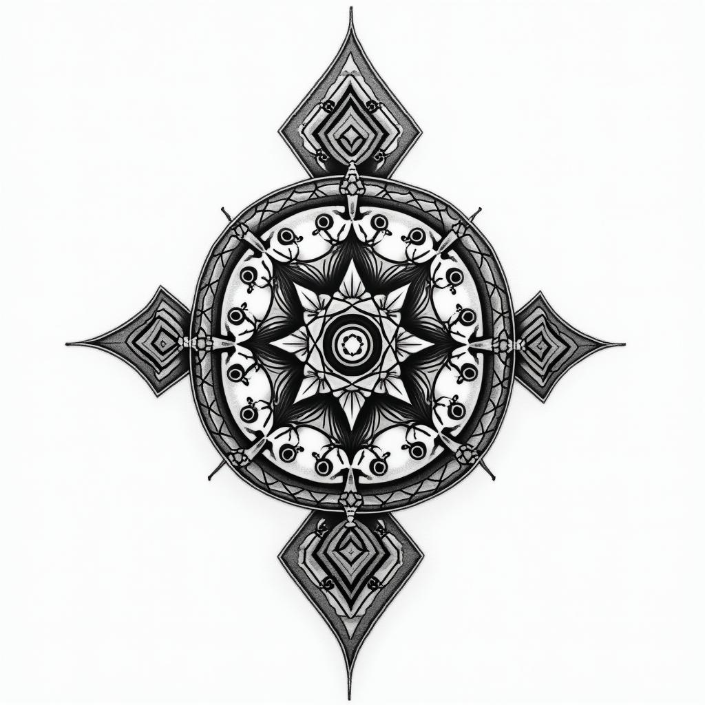 Norse symbols of protection and good luck in geometric style tattoo, blending hexagons, mandala-inspired patterns, symmetrical and fractal design, clean lines, sharp angles - Variation 2