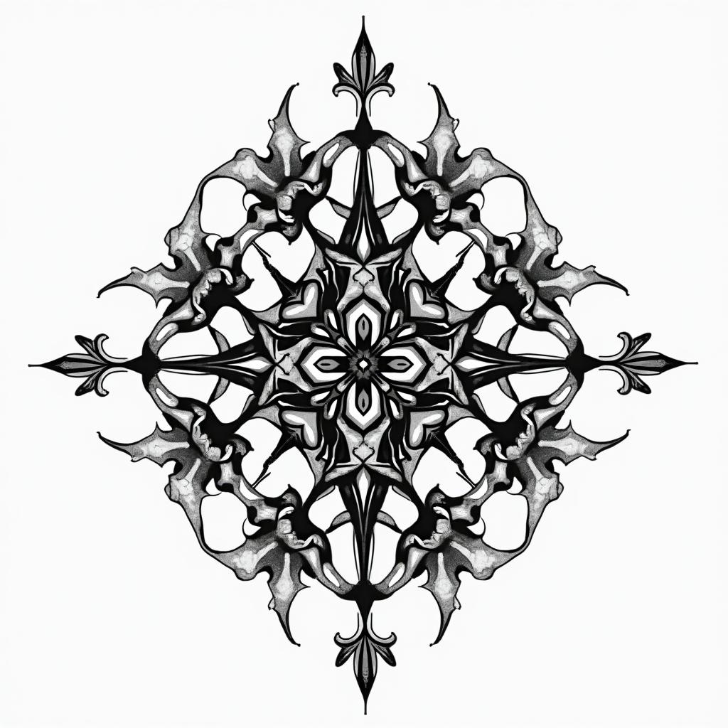 Norse symbols of protection and good luck in geometric style tattoo, blending hexagons, mandala-inspired patterns, symmetrical and fractal design, clean lines, sharp angles