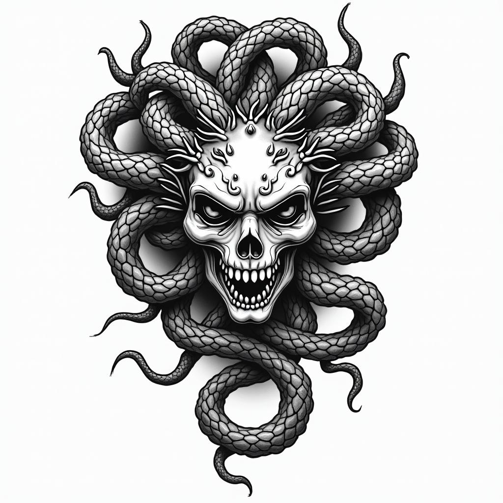 Medusain authentic tattoo style, incorporating traditional modifications, bold black outlines, solid color fills, featuring classic authentic elements
