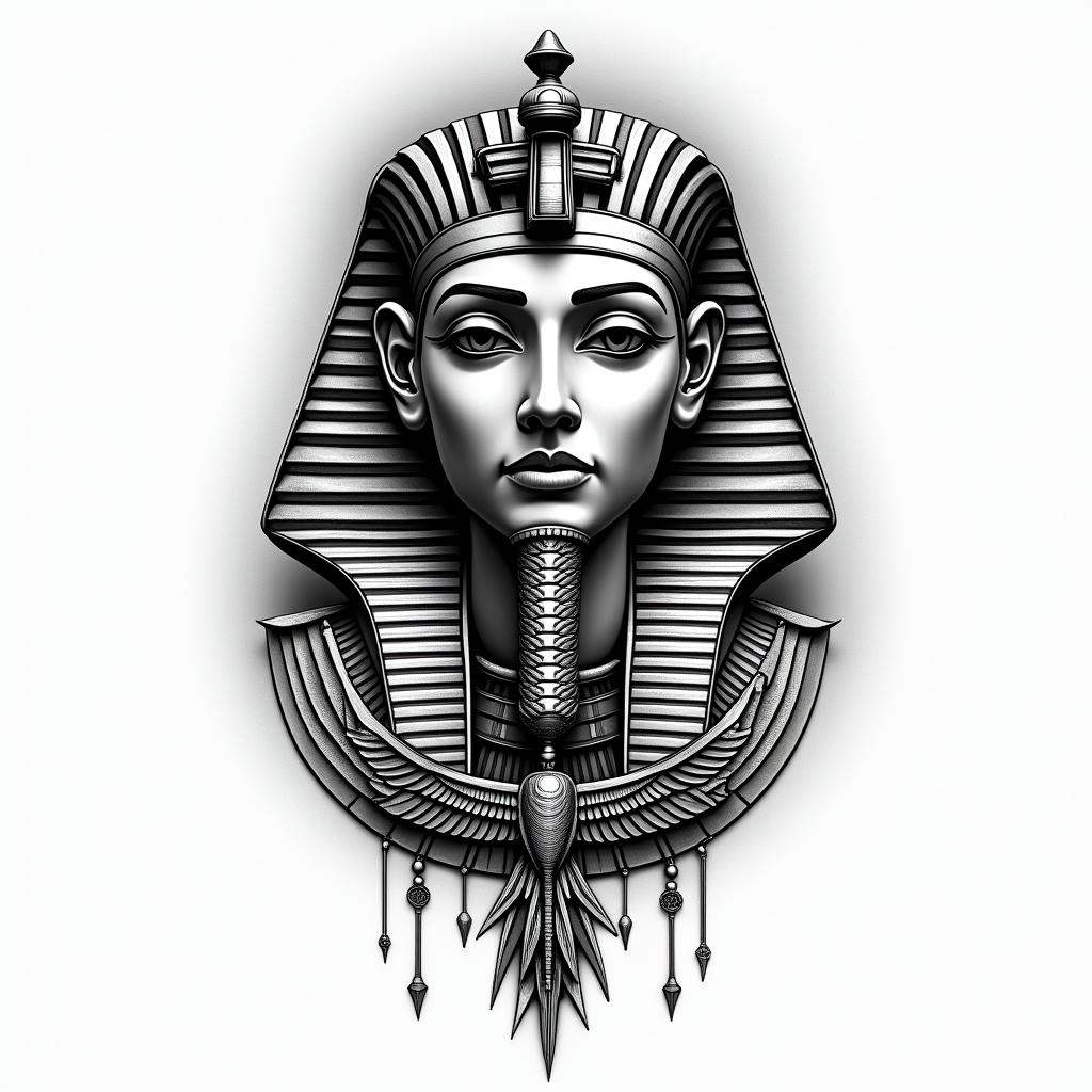 Stoicismin egyptian style tattoo, bold elements of ancient egyptian culture including a portrait of an Egyptian pharaoh with detailed facial features, in hieroglyphs and symbolic imagery, eye of horus, ankh symbol, scarab beetle