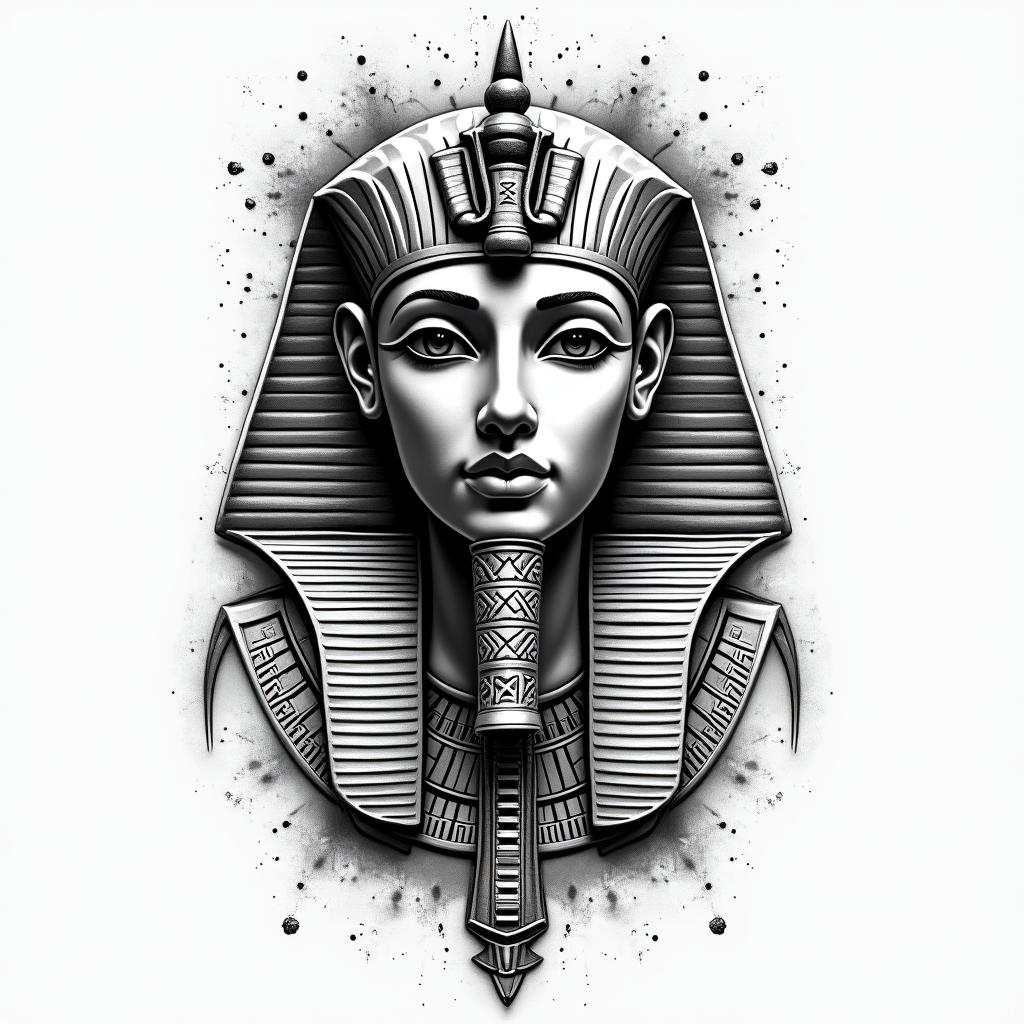 Stoicismin egyptian style tattoo, bold elements of ancient egyptian culture including a portrait of an Egyptian pharaoh with detailed facial features, in hieroglyphs and symbolic imagery, eye of horus, ankh symbol, scarab beetle - Variation 4