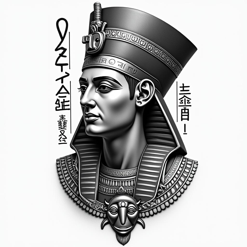 Stoicismin egyptian style tattoo, bold elements of ancient egyptian culture including a portrait of an Egyptian pharaoh with detailed facial features, in hieroglyphs and symbolic imagery, eye of horus, ankh symbol, scarab beetle - Variation 3