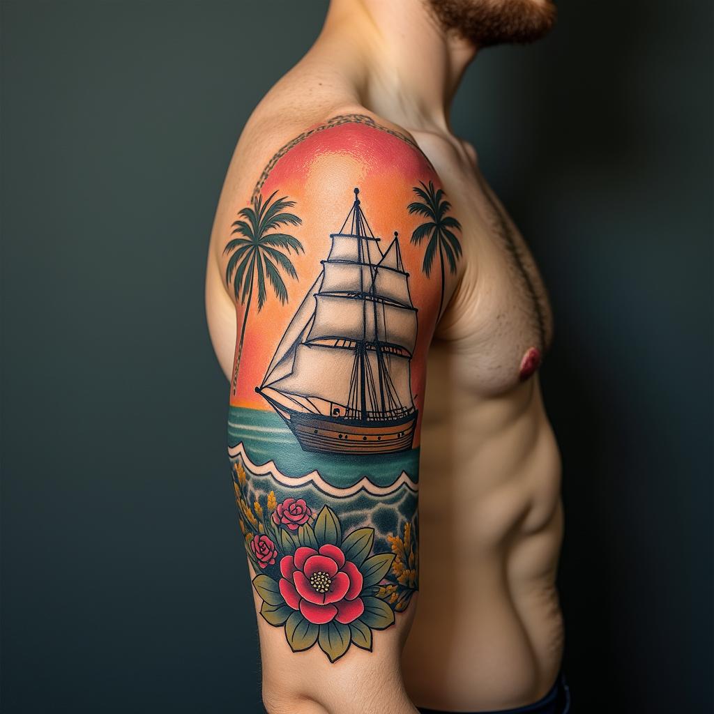 Vibrant nautical themehigly detailed tattoo