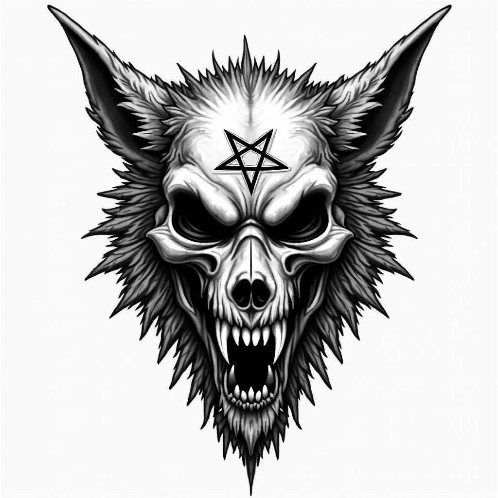 Wolfcreepy horror tattoo style, featuring an eerie and unsettling skull of a demonic creature, distorted face with sharp fangs, add pentagram symbol - Variation 3