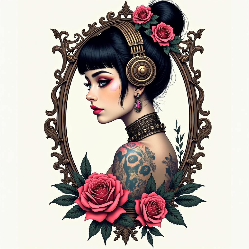 Futuristic cyberpunk girl with neon accentsin victorian style tattoo, featuring vintage and elegant elements, ornate frames, roses, antique, sepia-toned color scheme - Variation 4