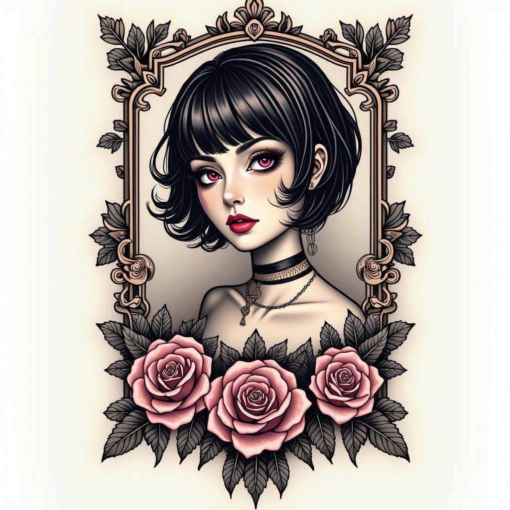 Futuristic cyberpunk girl with neon accentsin victorian style tattoo, featuring vintage and elegant elements, ornate frames, roses, antique, sepia-toned color scheme - Variation 3