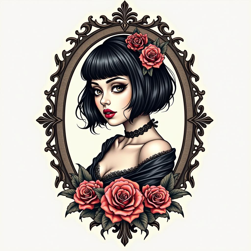 Futuristic cyberpunk girl with neon accentsin victorian style tattoo, featuring vintage and elegant elements, ornate frames, roses, antique, sepia-toned color scheme