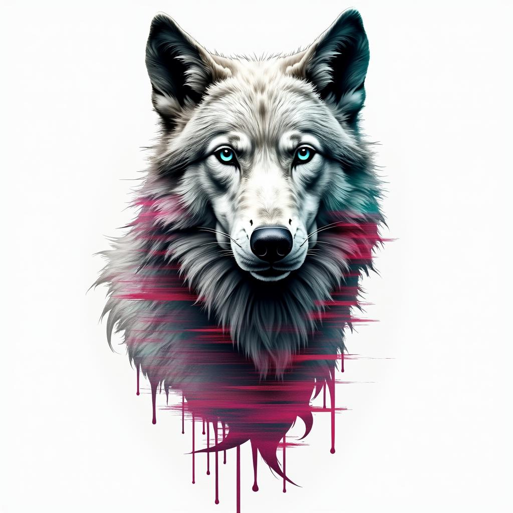 Wolfin distorted and fragmented tattoo design, featuring a classical statue bust, in a glitch art style with vibrant, overlapping colors of cyan, magenta, and yellow, creating a digital distortion effect - Variation 7