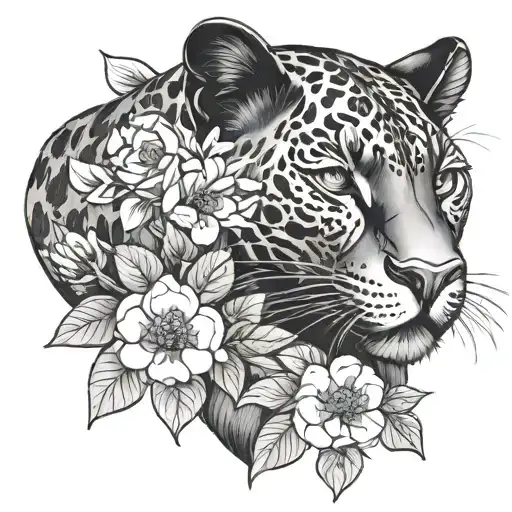 Portrait of a black panther with flowers