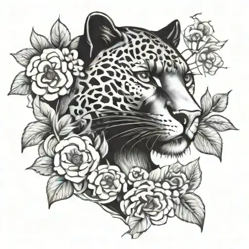 Portrait of a black panther with flowers - Variation 2