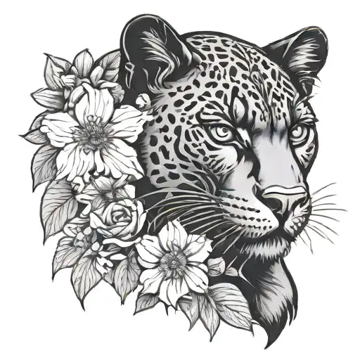 Portrait of a black panther with flowers - Variation 3