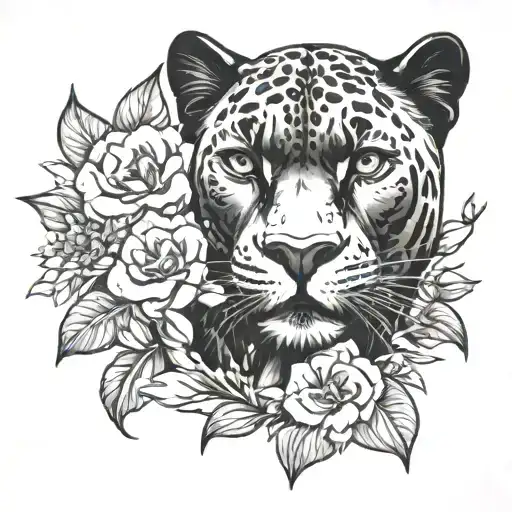 Portrait of a black panther with flowers - Variation 4