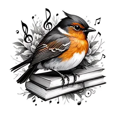 robin bird with music notes and books surrounded