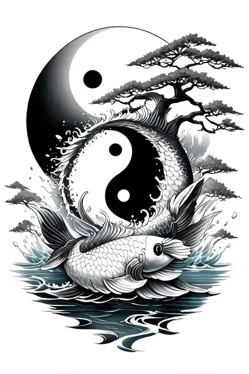 Japanese back tattoo with black sun, Koi carp, ying and yang, splashing water and bonsai tree - Variation 4