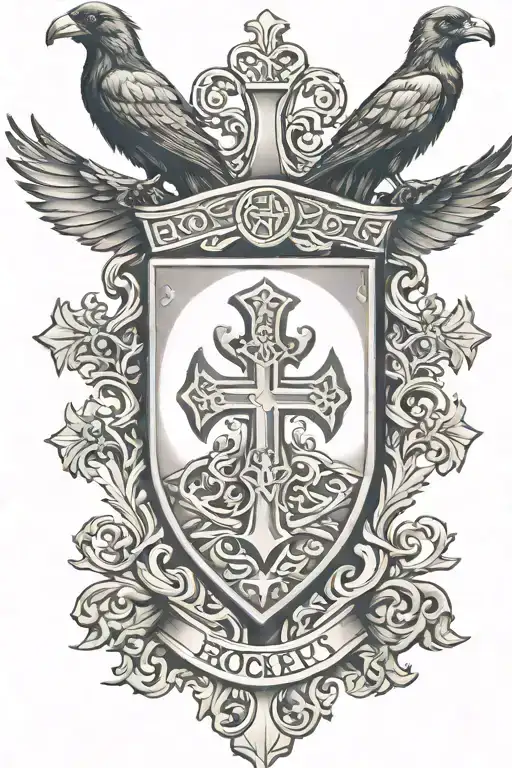 Rooker Family Crest with castle rookery with 6 Crows on a celtic cross - Variation 3