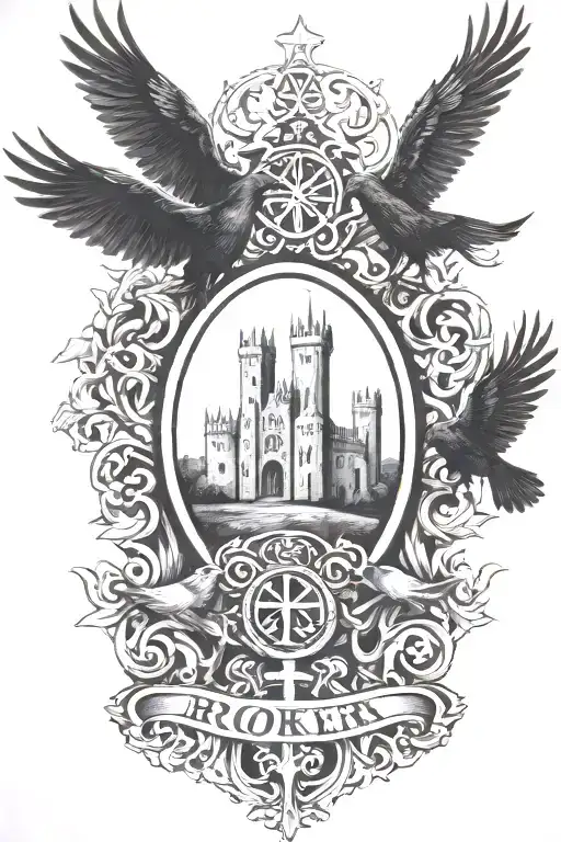 Rooker Family Crest with castle rookery with 6 Crows on a celtic cross - Variation 4