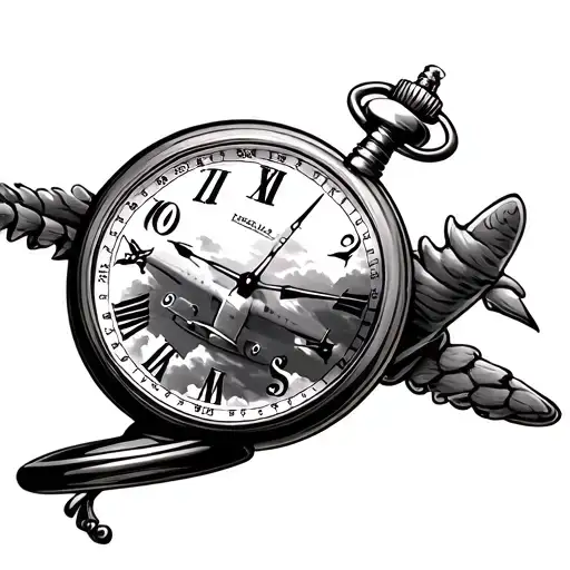 pocket watch with airplane as hour hand tattoo