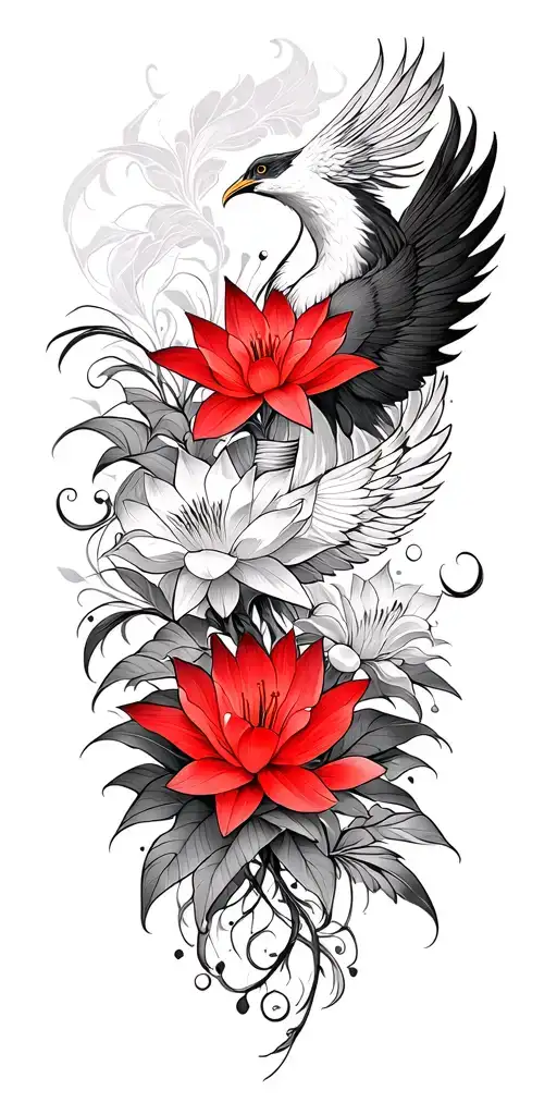 multiple fine line lotus and red Lilly flowers and phoenix intertwined - Variation 2