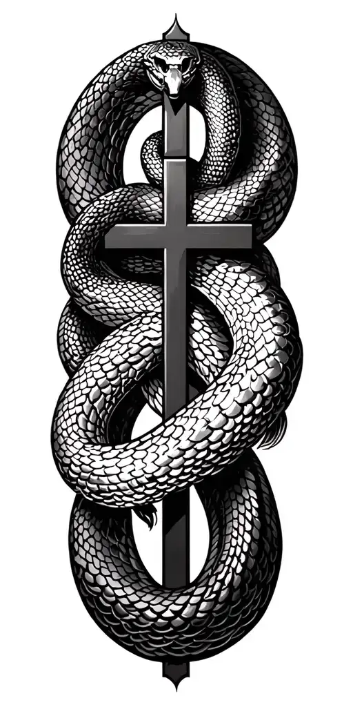 Vector elongated snake silhouette snake bodies wrapped around crucifix dark blackwork gothic