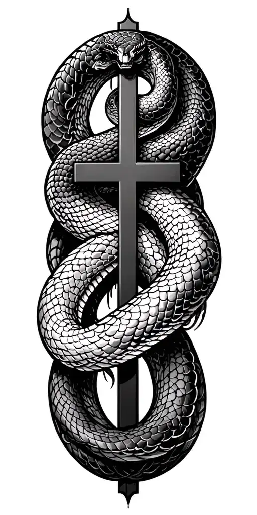 Vector elongated snake silhouette snake bodies wrapped around crucifix dark blackwork gothic - Variation 2