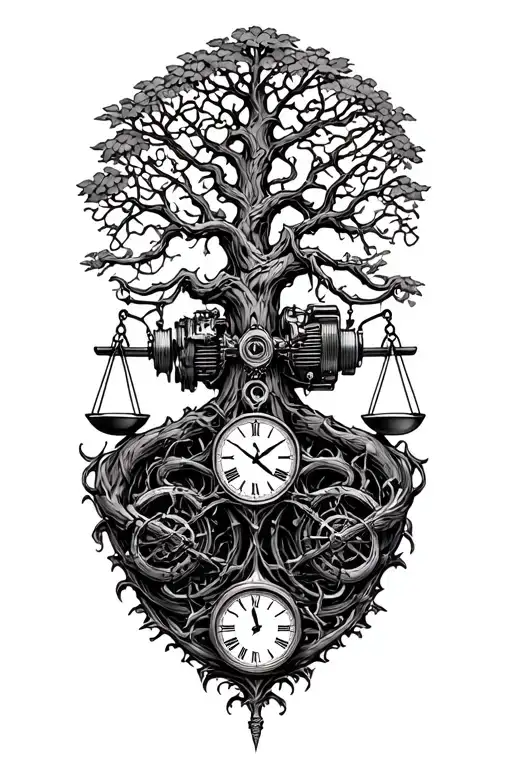 gothic tree of life intertwined with v-twin motor, libra scales and a clock