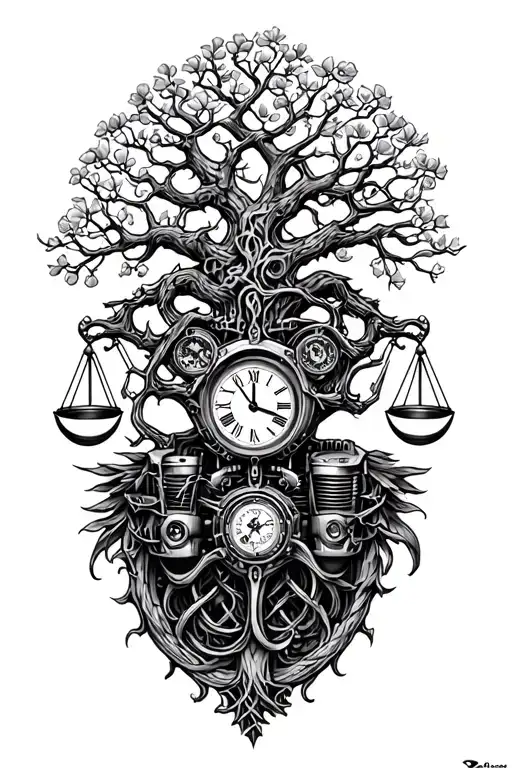 gothic tree of life intertwined with v-twin motor, libra scales and a clock - Variation 2