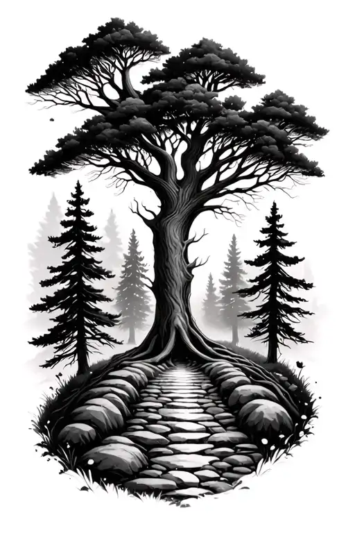 deep forest gravel trail leading to yggdrasil