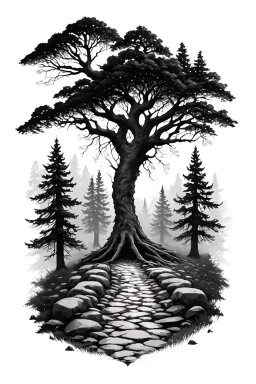 deep forest gravel trail leading to yggdrasil - Variation 2