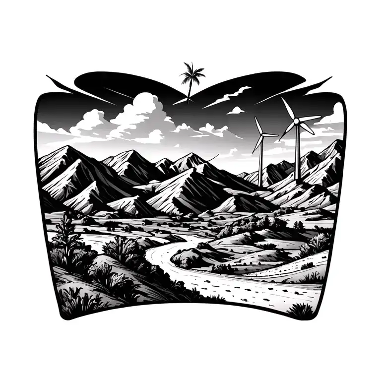 3 traingles and palm spring desert mountains with windmills in the mountains - Variation 2