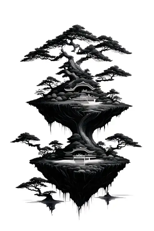 multiple floating islands that have bits of a japanese zen garden on it - Variation 2