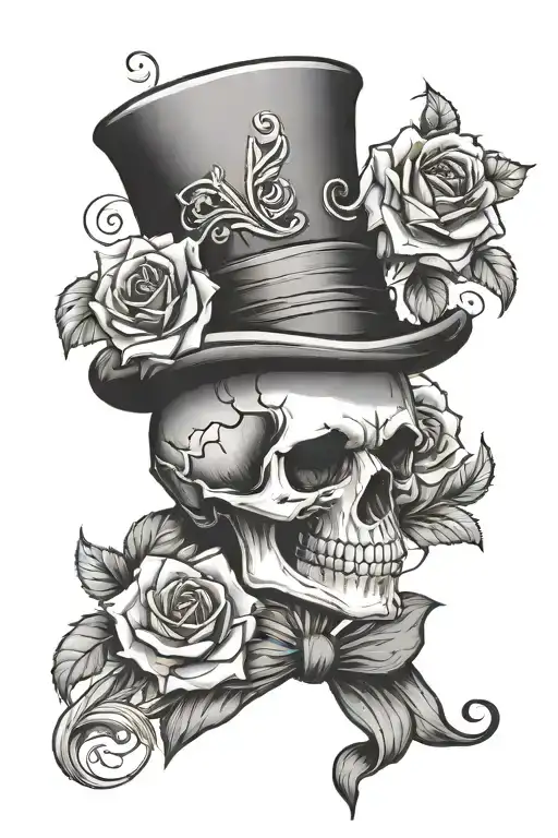 skull with top hat and roses  - Variation 2