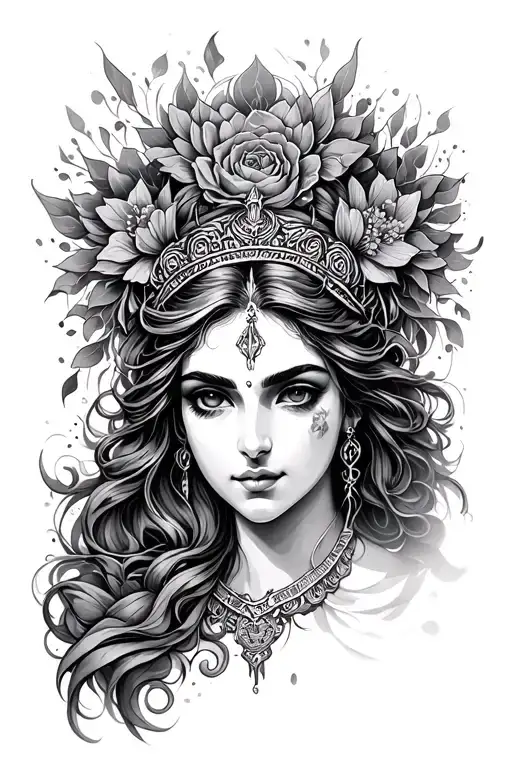 Create a medium-sized tattoo, approximately 6 inches wide, in grayscale of blithe the goddess of mental heal, portraitin