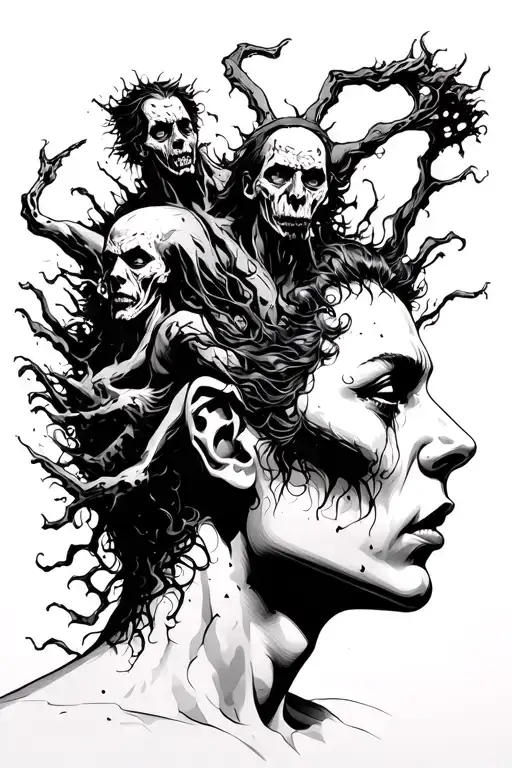 chaotic imaginary world with 3 characters who come out of a human head